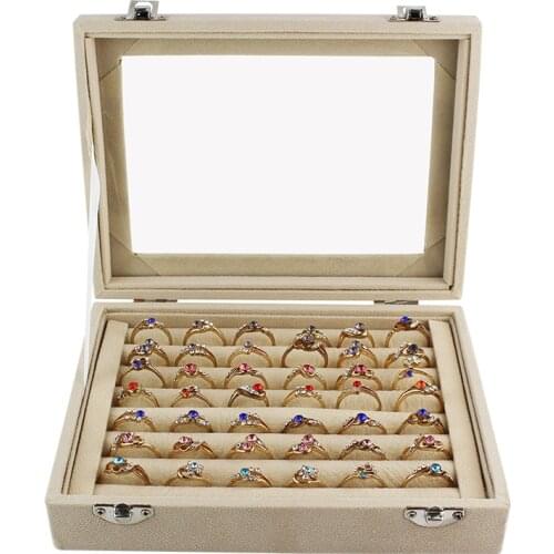 Velvet Ring Display Box Earring Organizer Jewelry Tray Cufflink Storage & Show case with Clear Glass lid