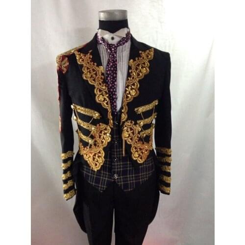 Free shipping mens black golden embroidery swallowtail tuxedo jacket event /stage performacne/this is only jacket