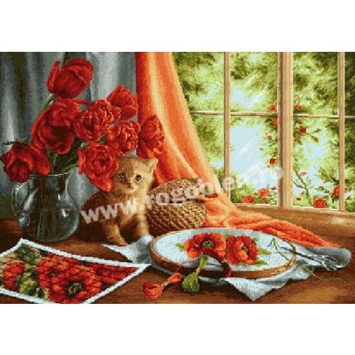 FREE Shipping Top Quality popular counted cross stitch set embroidery kitten poppy flower embroidery cat kitty