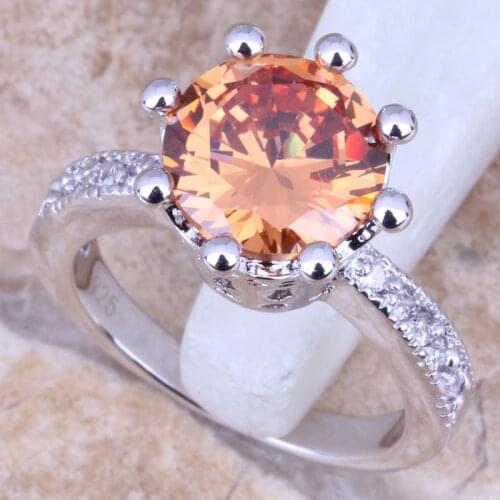 Shining Champagne Morganite White CZ Silver Plated Womens Jewelry Ring Size 6 / 7 / 8 / 9 R0794