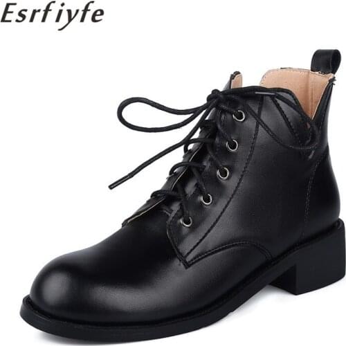 ESRFIYFE 2020 New Winter Shoes Woman Boots Fashion Round Toe PU Ankle Boots Winter Elastic Lace Up Black Boots Comfortable Boots