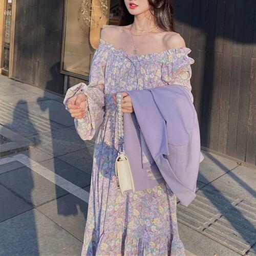 Purple Floral Midi Dress Women 2021 Summer French Vintage One Piece Dress Korean Flower Elegant Strap Dress Female Dress