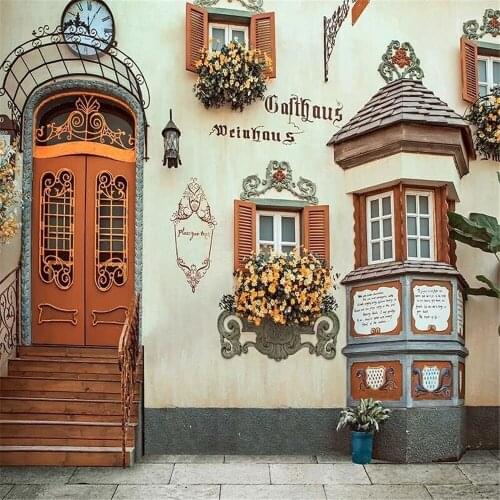 Retro Style European Building Arched Door Stairs Wedding Backdrop for Photography Printed Windows Flowers Photo Backgrounds