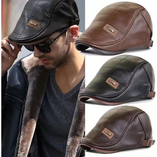 Fibonacci New Fashion PU Leather Newsboy Cap for Mens Hat Middle Aged Old Man Vintage Flat Caps Casual Patchwork Beret Hats