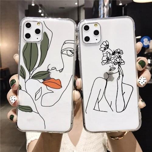 Leaf Artistic Face Line Phone Case For iPhone 12 11 Pro Max SE 2020 X XR XS 7 8 Plus 6 Transparent Soft Silicone Back Cover Capa