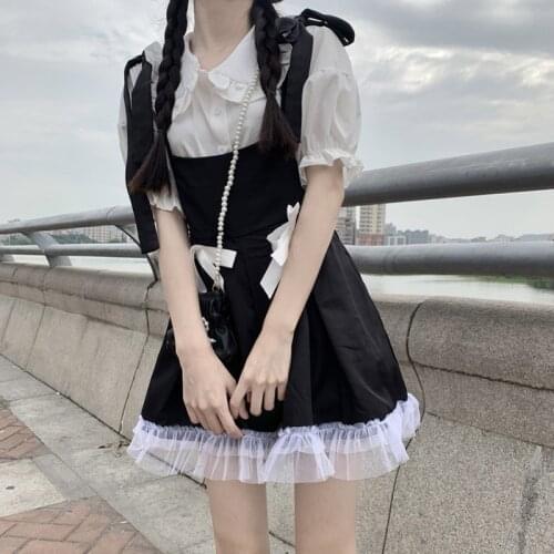 Cute Kawaii Girl 2 Piece Set Women 2021 Summer Doll Collar Ruffle Puff Sleeve Cardigan Shirt Bow Lace Lolita Strap Hakama Dress