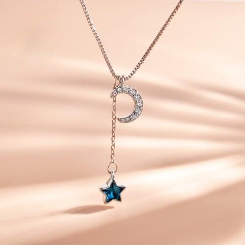 Fashion New Style Stars Blue Crystal Tassel Drop Necklace Fashion Women CZ Zircon Moon Necklace Charm Womens Party Jewelry
