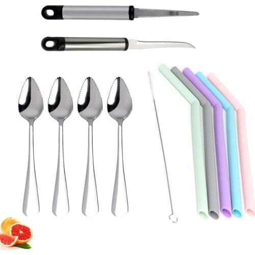 Stainless Steel Fruit Spoon Grapefruit Peeler Grapefruit Cutter Silicone Straw Cleaning Brush With Cloth Bag Kitchen Gadget Sets