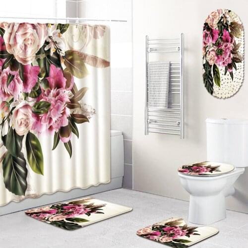Floral 5 Piece Shower Curtain Set Anti Slip Carpet Bathroom Rug Set + Shower Mat PVC for Home Decor Bath Mat Toillete Seat Cover