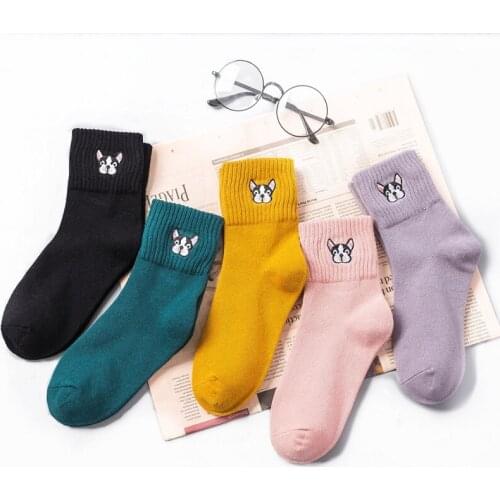 Socks for women cotton embroidery French bulldog sock ladies cartoon winter thick socks female casual kawaii sox dropshipping