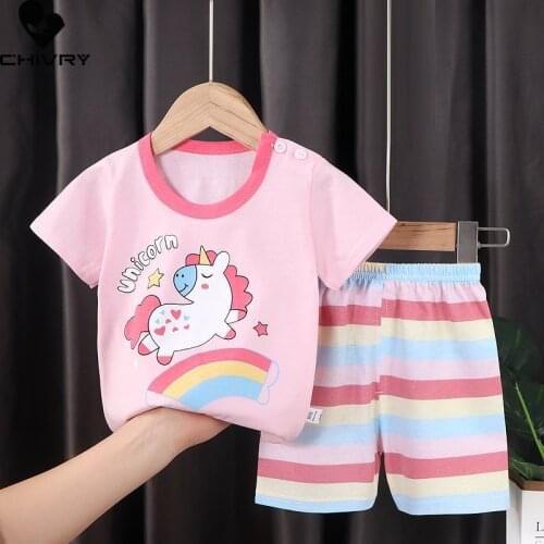 New Kids Boys Girls Summer Pajama Sets Cute Cartoon Unicorn Print Short Sleeve T-Shirt Tops with Shorts Toddler Baby Clothes Set