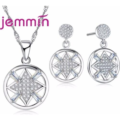 New Arrival Real 925 Sterling Silver Brand Jewelry Sets Round Side hollow Geometric Design Women Charm Necklace Earrings