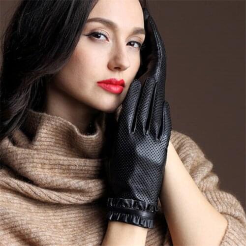 2018 New Ladies Leather Gloves Goatskin Punch Driving Comfortable Thin Silk Gloves Female Factory Outlet 36-5