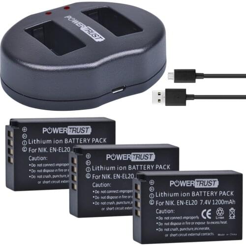 PowerTrust 3Pcs 1200mAh EN-EL20 EN-EL20a EN EL20 EL20 Battery + Dual USB Charger for NIKON 1 J1 J2 J3 S1 Camera