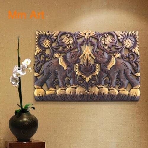 Thailand Crafts Solid Wood Carved Board Elephant Southeast Asian Style Wall Hanging and Wall Decoration