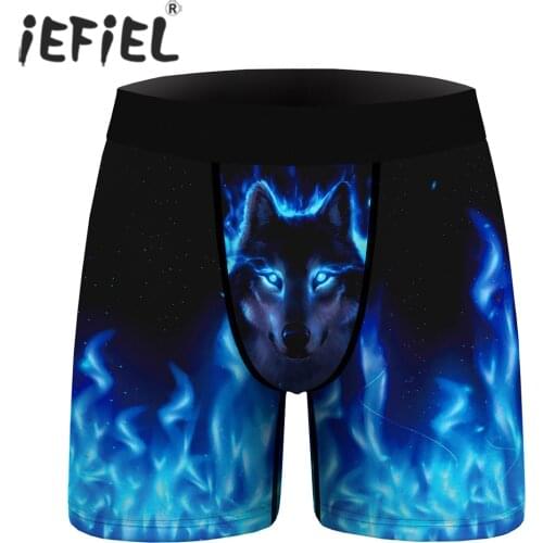 Summer Men Fashion Wolf Lion Print Boxer Brief Elastic Waistband Mid Rise Breathable Shorts Underwear Nightwear Casual Wear