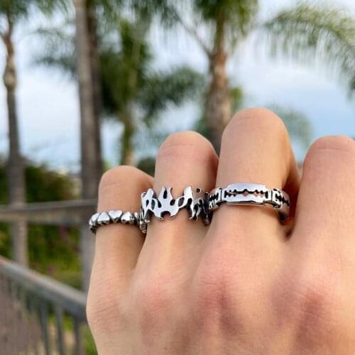 Retro Simple Hollow Fire Flame Rings Set for Men Women Geometric Love Heart Open Finger Razor Blade Ring Adjustable Jewelry Gift