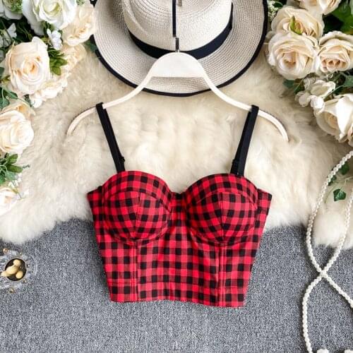 Women Sexy New Fashion Outside Wearing Clothes Dancing Plaid Sleeveless Bustier Croset Crop Tops Korean Clothing R149