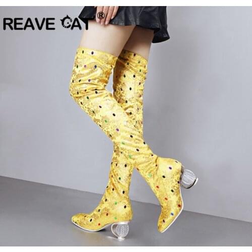 REAVE CAT Sexy Stretched Fabric Over The Knee Boots Woman Slim High heels long Boots Lady shoes Autumn winter big Size 43 44