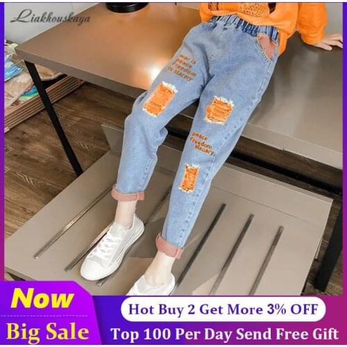 3-13 Years 2020 Spring Autumn Children Ripped Hole Girls Denim Jeans Pattern Baby Kids Cartoon Elastic Waist Pants For Kids