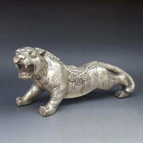 13" Old China FengShui Silver Auspicious Carved Wealth Money Coin Tiger Statue
