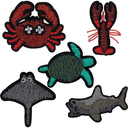 Handmade Bead Squid Whale Fish Lobster Crab Tortoise Patches for Clothing DIY Sew on Applique Accessories 2pieces P2400