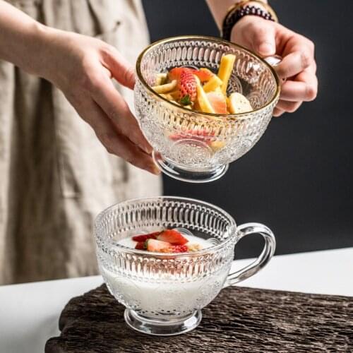 300ML Home Dining Table Fruit Salad Bowl Mug Water Cup Decor Restaurant Fruit Milk Breakfast Glass Cup+Spoon Household Tableware