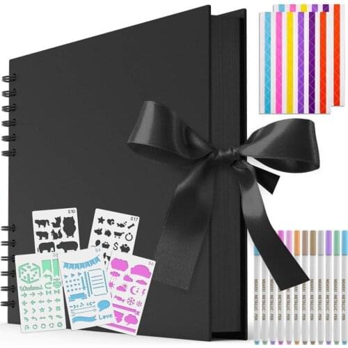 80Pages Black Photo Albums DIY Scrapbook Paper Picture with 12 Marker Pens Colorful Photo Corners