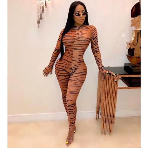 BKLD Fashion Zebra Print Women Rompers Jumpsuit 2019 Autumn Sexy Clubwear Long Sleeve See Through Mesh Bodycon Jumpsuits Women