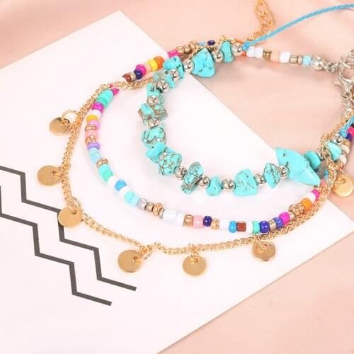 Bohemian Colored Rice Bead String Gold Disc Bracelet 3-Piece Wholesale Color Bead Jewelry Irregular Stone Bracelets