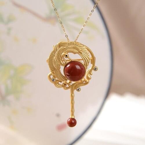 Chinese Agate Brooch Antique Pins 925 Sterling Silver Brooches Gold Plated Crane Bird Vintage Luxury Jewelry Pendant Gift Women