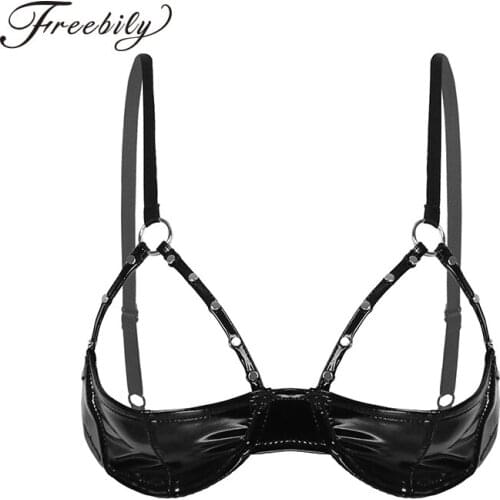 Erotic Lingeire Bra Tops for Womens Sexy Black Shiny Patent Leather Hot Bra with Rivet Strap and Lingerie Underwire Brassiere
