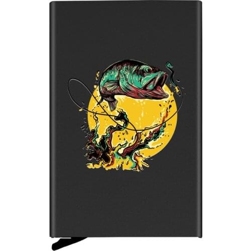Black Metal Case Fishing Design Printing Credit Card Holder Men Slim Anti Protect Travel ID Cardholder Women Rfid Wallet