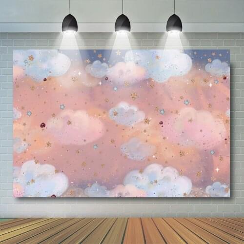 Girls Cinderella Cake Smash Photography Backdrop Pink Cloud Backdrop Little stars Fantasy Newborn party Background Photobooth