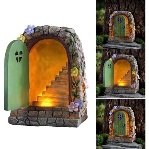 HOT Fairy Garden Solar Stone Door Resin Ornament Hand-Painted Statue for Garden Courtyard Lawn Decoration