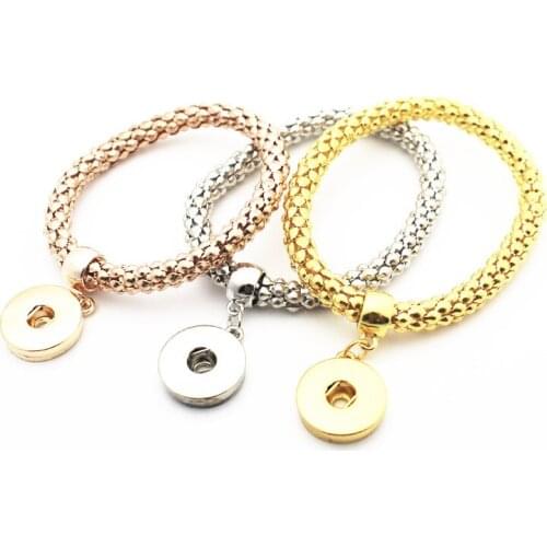 Hot Selling 3Pcs Pendants Charm Bracelets&Bangles 3 Color Rose Gold Color Rhinestone 18mm Elastic Snap Buttons bracelet