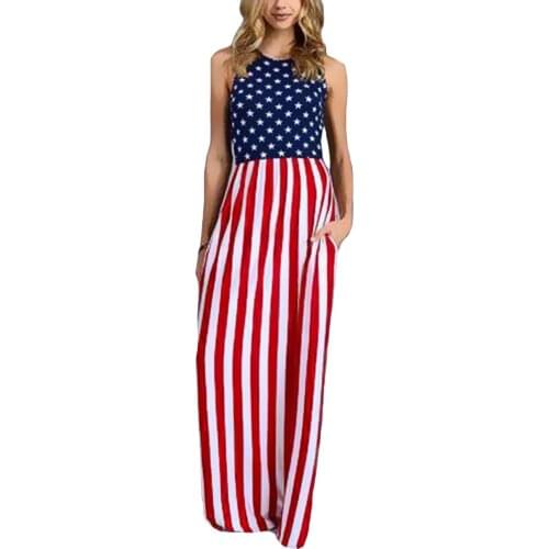 HItmebox 2019 Sexy New Womens Sleeveless Slim Fitting USA American Flag Print Strips Summer Casual Beach Party Long Maxi Dress