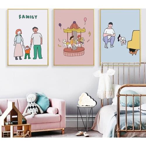 Colorful Cartoon Family Daily Love Memorial Canvas Painting Father Mother And Son Daughter Wall Art Print For Living Room Decor