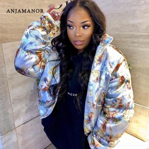 ANJAMANOR Aesthetic Angel Satin Puffer Jacket Women 2021 Fashion Streetwear Zip Up Cropped Bubble Coat Outwear Winter D30-FE37