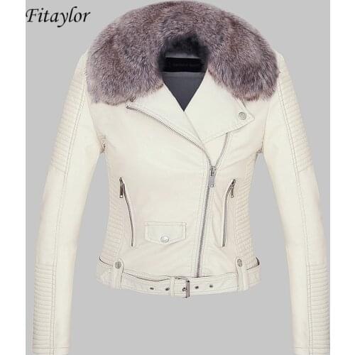 Fitaylor Women Winter Warm Faux Leather Jacket Coat With Fur Collar Female Pink Pu Motorcycle Jacket Biker Punk Black Outerwear