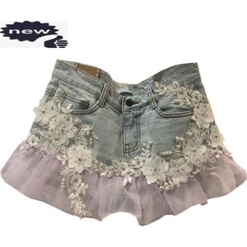 Summer Fashion Mesh Lace Stitching Flower Beaded Light Denim Women High Waist Wide Leg Jeans Sexy Hot Mini Shorts