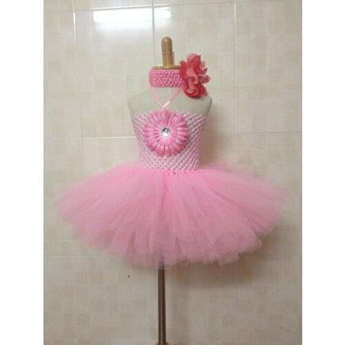 Lovely Girls Pink 2Layers Crochet Tutu Dress Kids Tulle Layers Tulle Tutus with Flower Headband Children Birthday Party Tutus