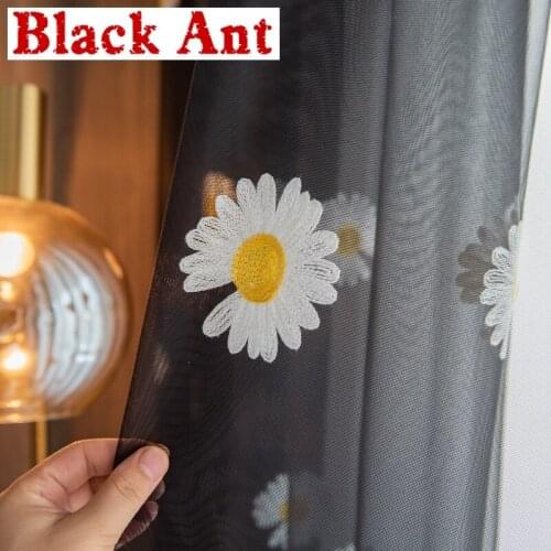 Fashion Daisy Embroidery Tulle Curtain For Living Room Balcony High Quality Black Sheer Voile Fabric Window Screen Panels JD844E