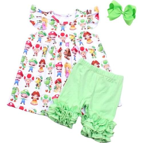 New Arrival Baby Clothing Set Girls Cartoon Short Set Boutique Clothing Milk Silk Pearl Top Green Ruffle Shorts Set Match Bow