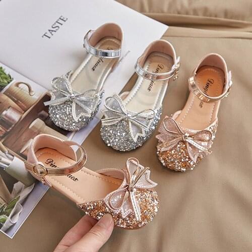 Girls Shoes Bling Princess Shoes Bowtie Ankle Strap Sandals Silver Wedding Shoe Kids Children Baby Toddlers Dance Party Show
