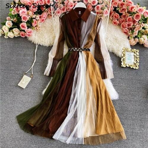 Dresses Women Spring Autumn Mesh Lantern Sleeve Polo Neck High Waist Vestido De Mujer Vintage Y2k Dress Luxury Chic Design 2021