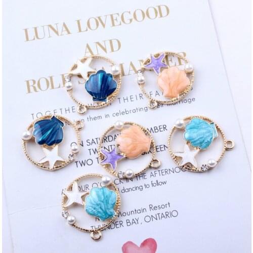 10pcs/lot Shell Starfish Enamel Charms Round Alloy Floating Oil Drop Pendant For DIY Bracelet Necklace Jewelry Accessories YZ106
