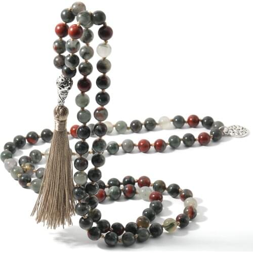 Natural Bloodstone 108 Mala Beaded Knotted Necklace Semi-Precious Meditation Yoga Japamala Jewelry with Tree of Life Pendant