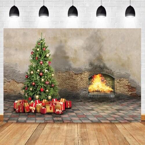Christmas Backdrop For Photography Christmas Tree Fireplace Old Vintage Wall Family Shoot Portrait Photo Background Photo Studio