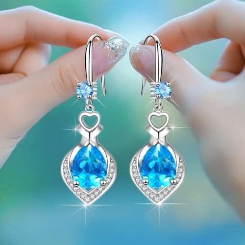 Vintage Silver Color Love Heart Dangle Earrings White Pink Blue Water Drop Stone Earrings For Women Wedding Jewelry Bridal Gifts